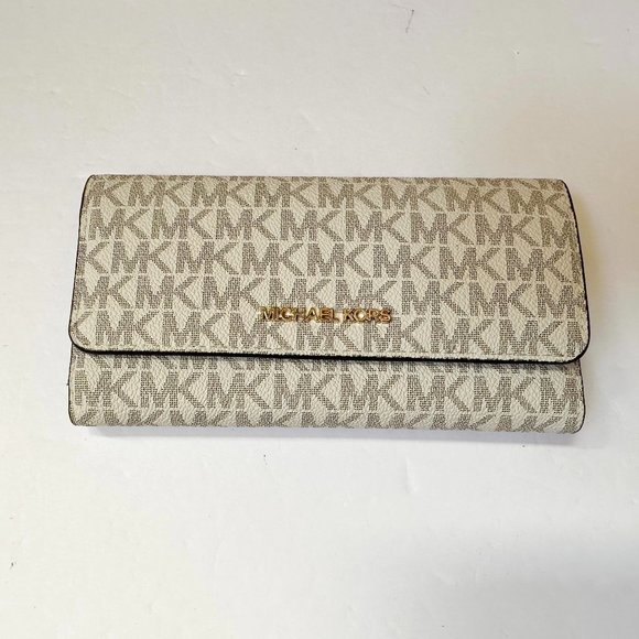 Michael Kors Jet Set Travel Large Trifold Wallet MK Vanilla Brown - Picture 7 of 9